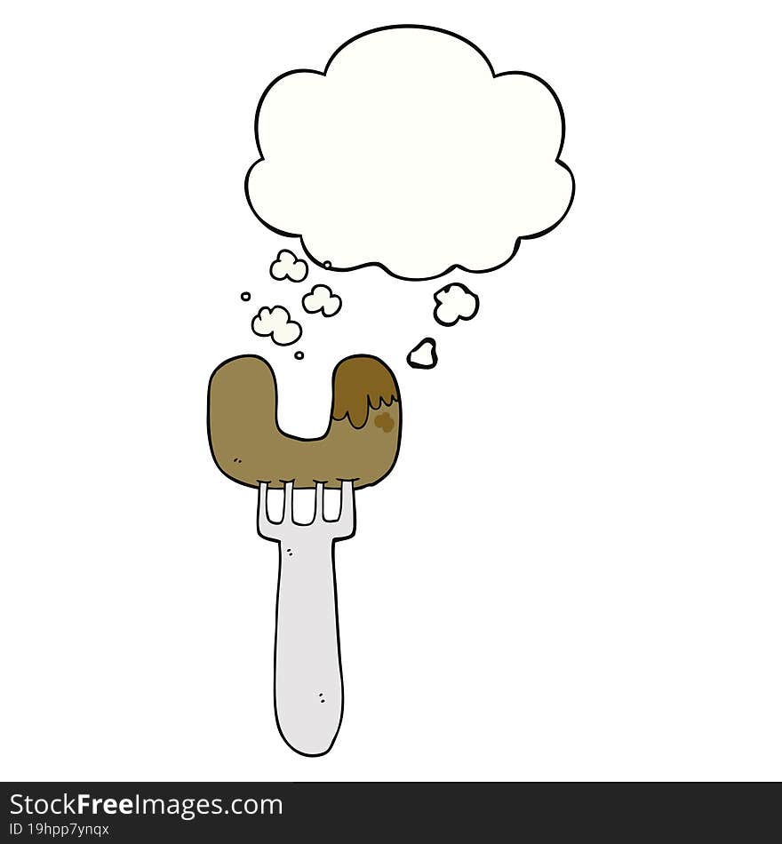 cartoon sausage on fork and thought bubble