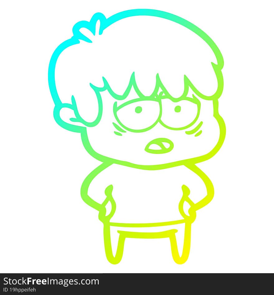 cold gradient line drawing cartoon exhausted boy