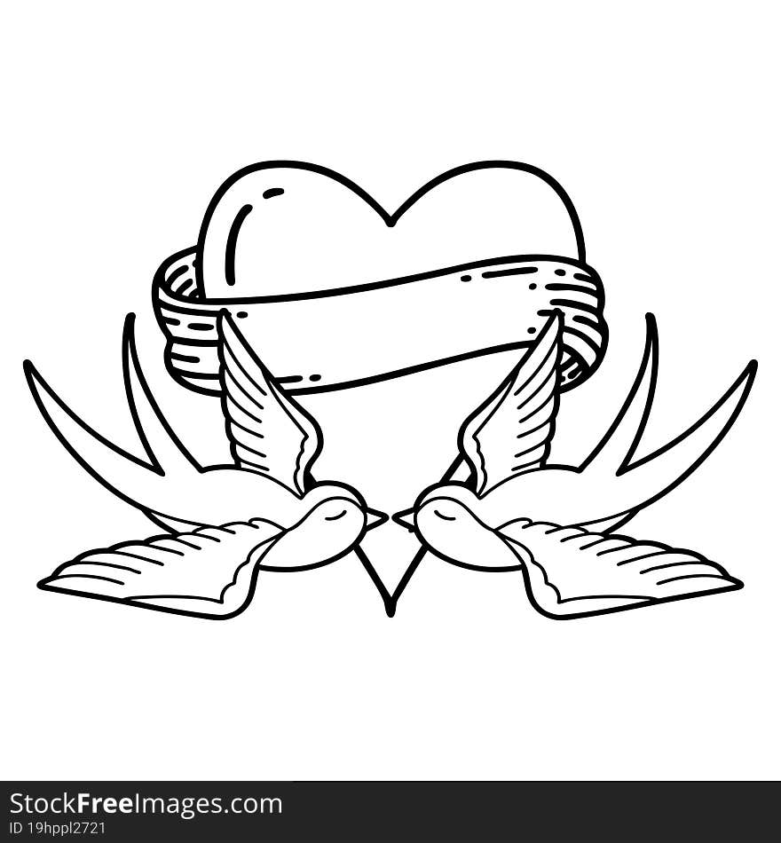 tattoo in black line style of swallows and a heart with banner. tattoo in black line style of swallows and a heart with banner