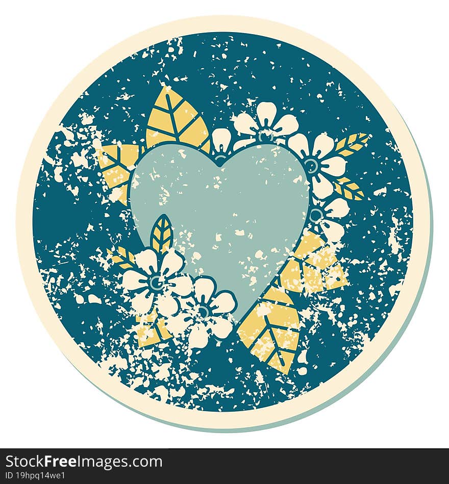 distressed sticker tattoo style icon of a botanical heart