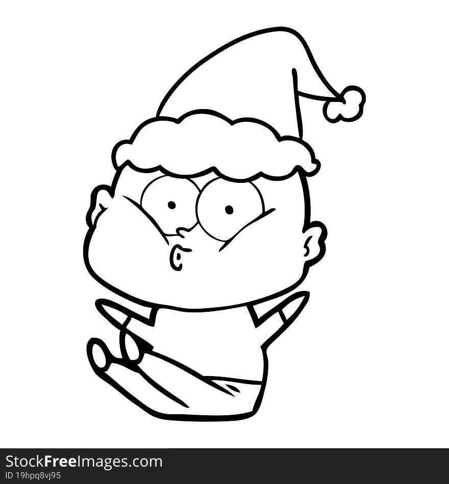 line drawing of a bald man staring wearing santa hat