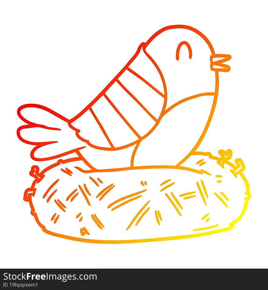 warm gradient line drawing of a cartoon bird sitting on nest