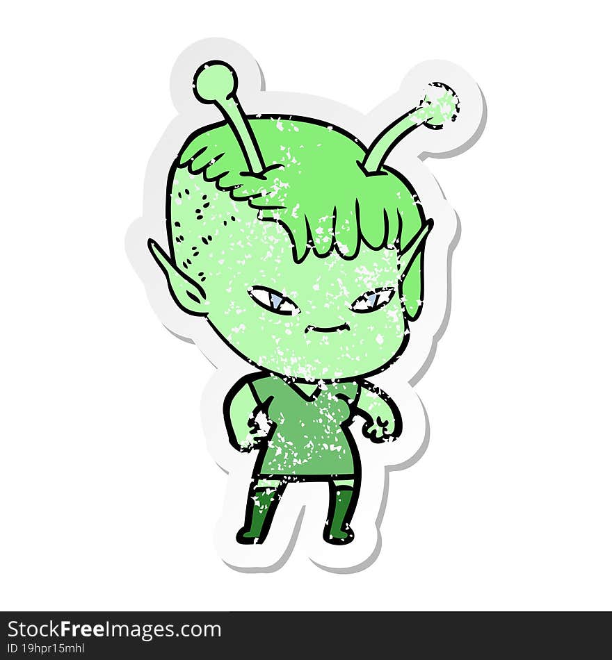 distressed sticker of a cute cartoon alien girl