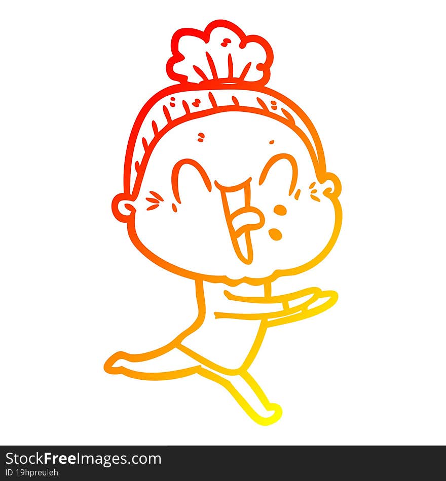 warm gradient line drawing of a cartoon happy old woman