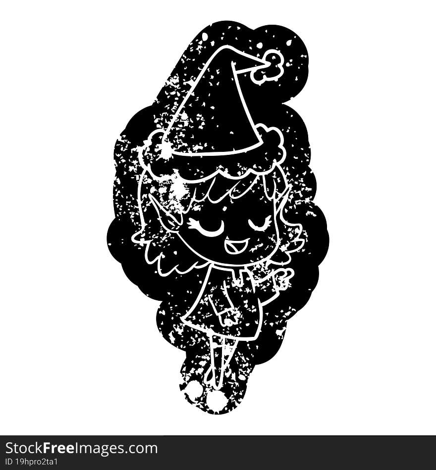 happy cartoon distressed icon of a elf girl pointing wearing santa hat