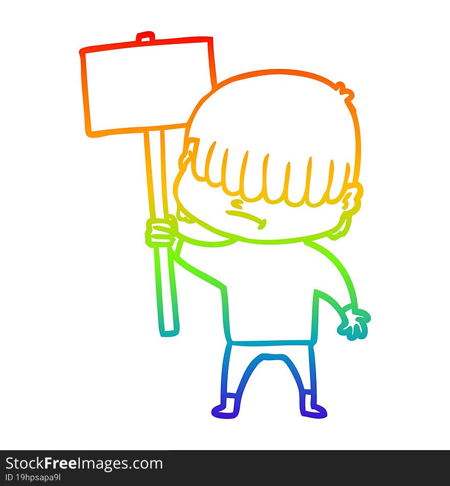 rainbow gradient line drawing of a cartoon boy with untidy hair