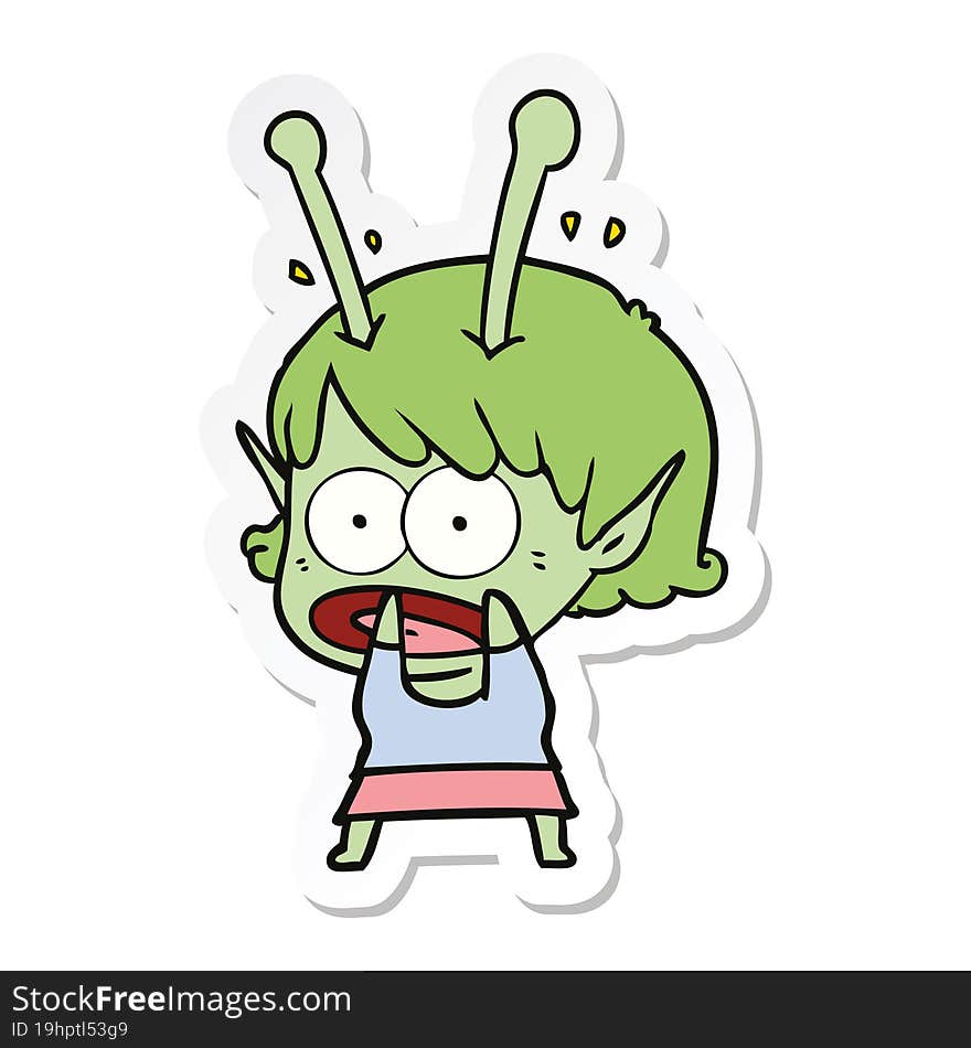 sticker of a cartoon shocked alien girl