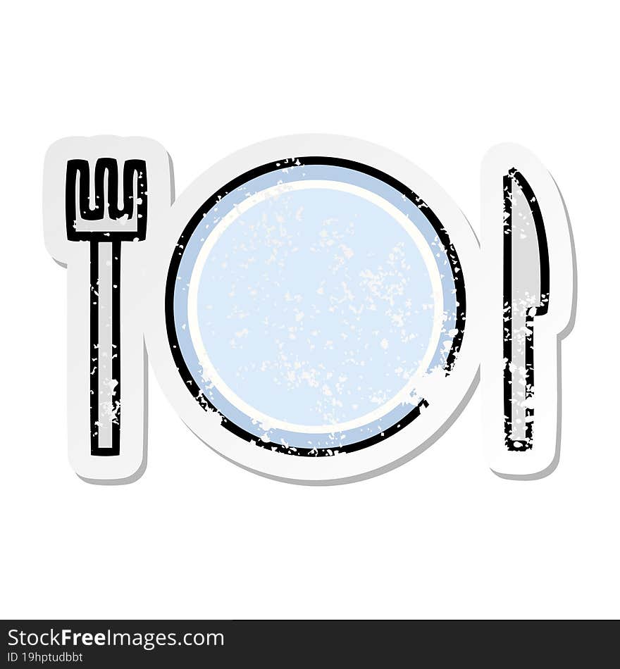 distressed sticker of a cute cartoon plate and cutlery