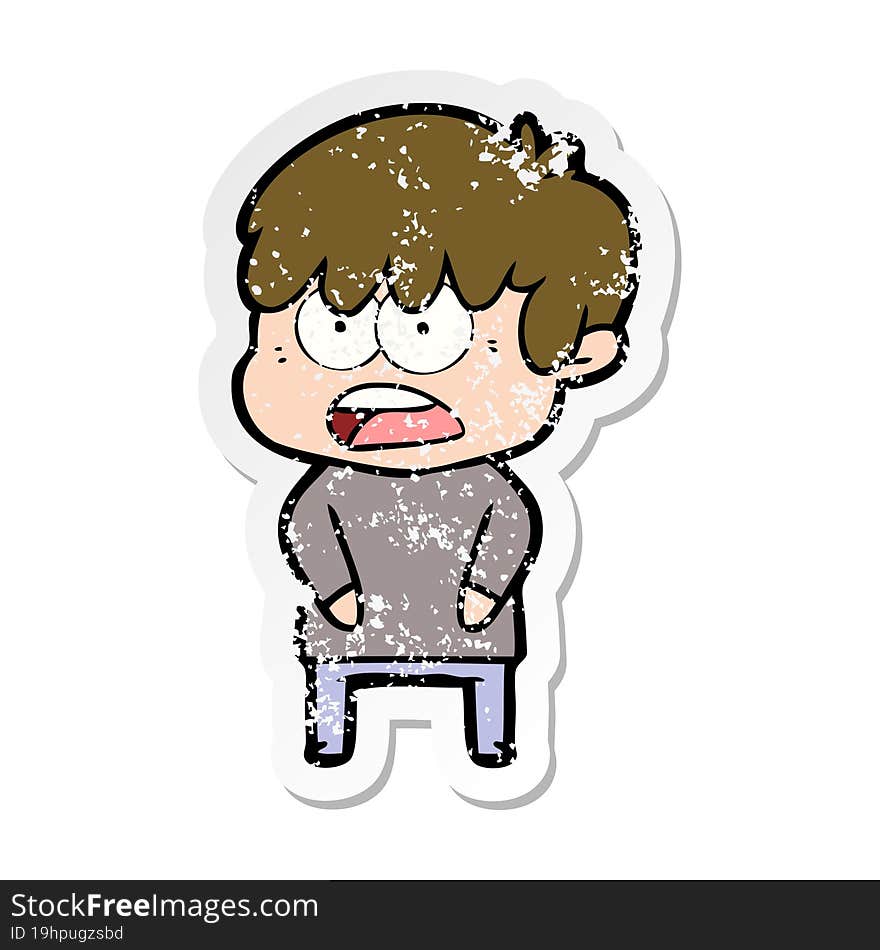 distressed sticker of a worried cartoon boy