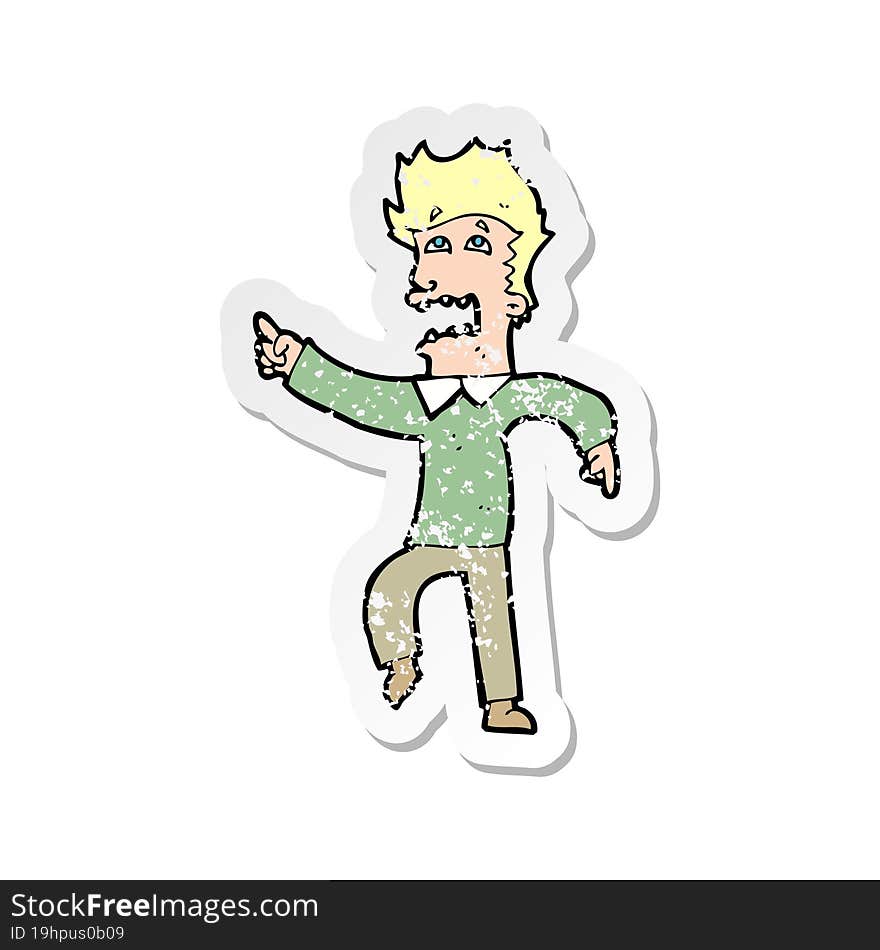 Retro Distressed Sticker Of A Cartoon Frightened Man Pointing