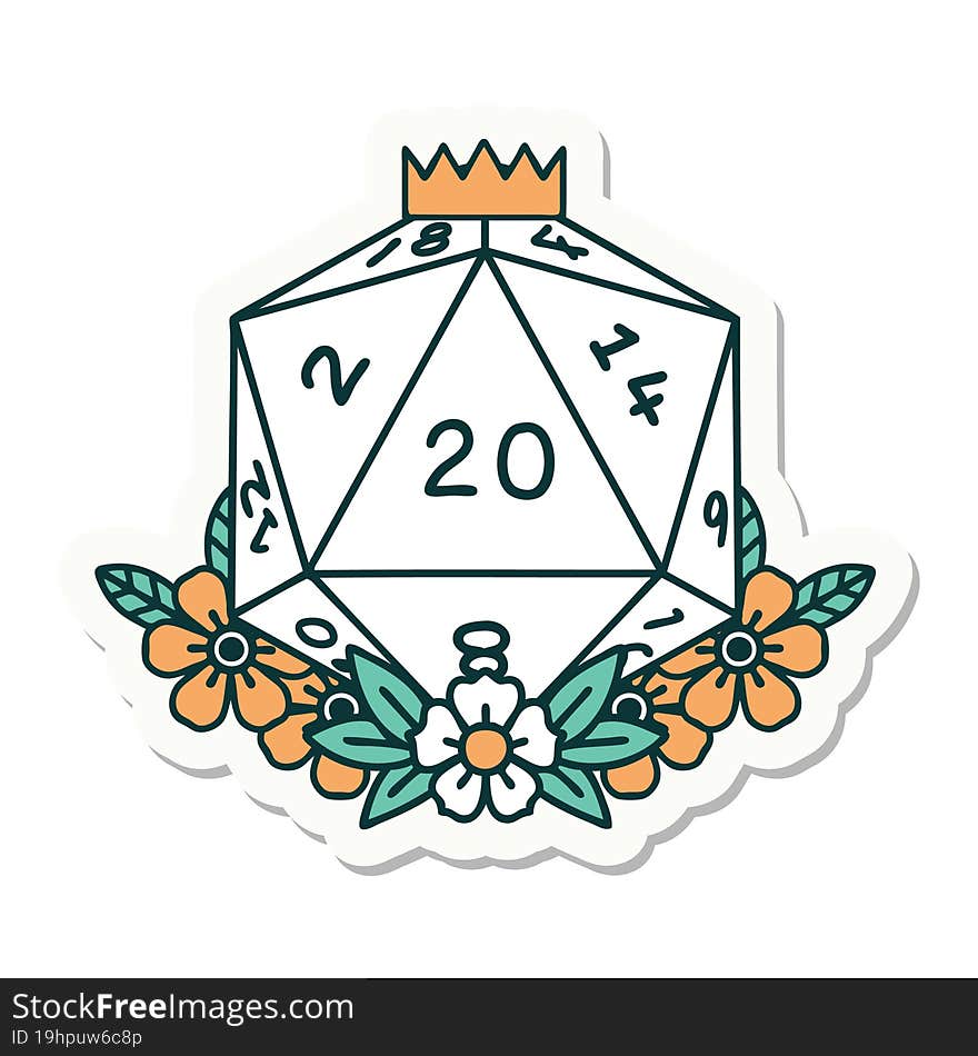 sticker of tattoo in traditional style of a d20. sticker of tattoo in traditional style of a d20