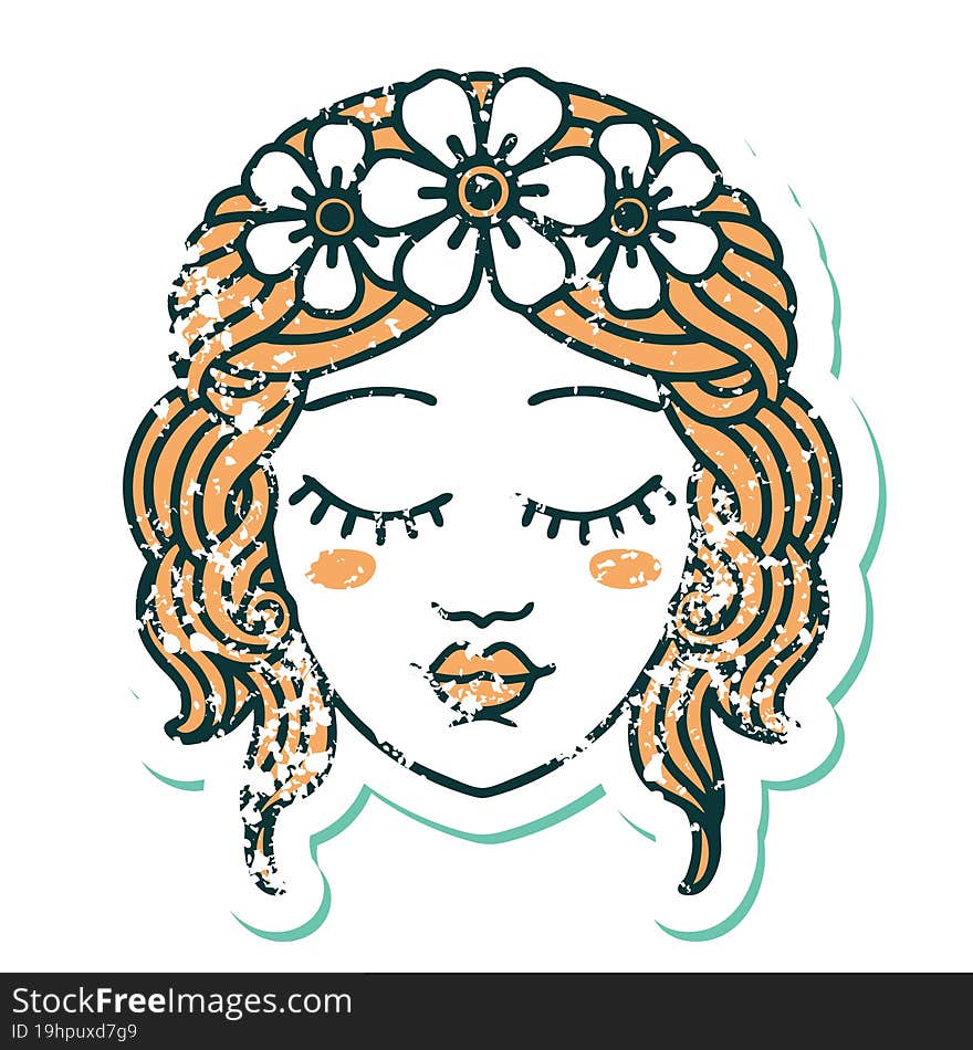 distressed sticker tattoo style icon of female face with eyes closed