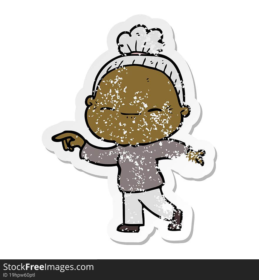 Distressed Sticker Of A Cartoon Peaceful Old Woman