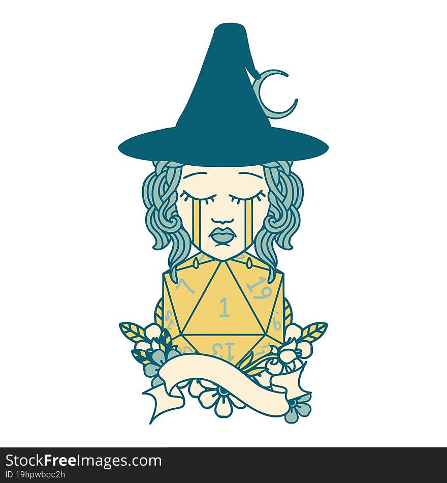 Retro Tattoo Style human witch with natural one D20 roll. Retro Tattoo Style human witch with natural one D20 roll