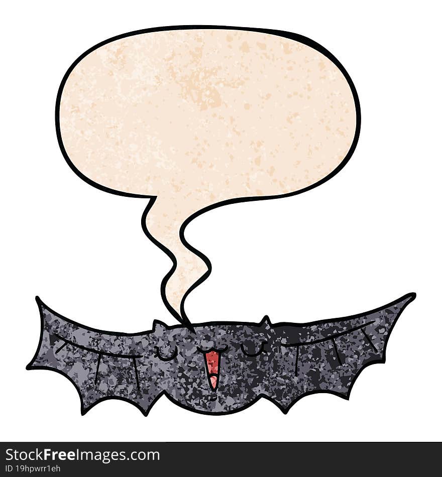 cartoon bat and speech bubble in retro texture style