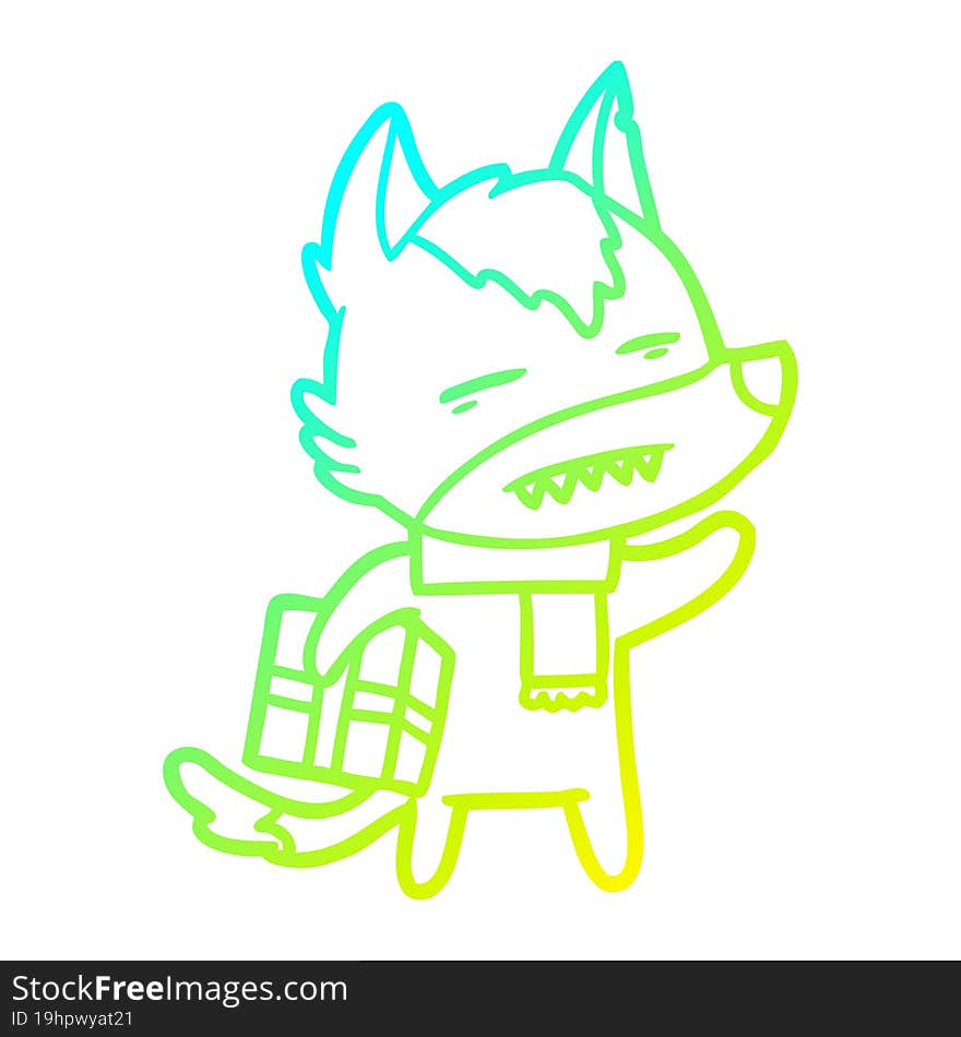 cold gradient line drawing cartoon wolf with a gift