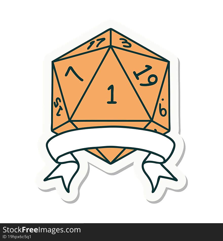 sticker of a natural one d20 dice roll. sticker of a natural one d20 dice roll