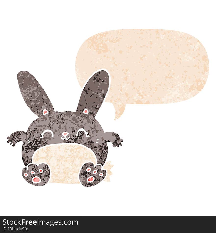 cartoon rabbit with speech bubble in grunge distressed retro textured style. cartoon rabbit with speech bubble in grunge distressed retro textured style