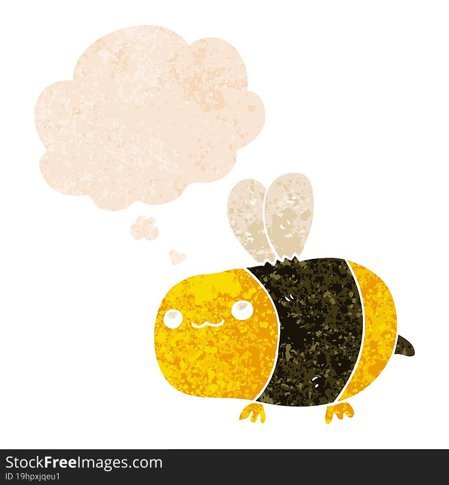 Cartoon Bee And Thought Bubble In Retro Textured Style