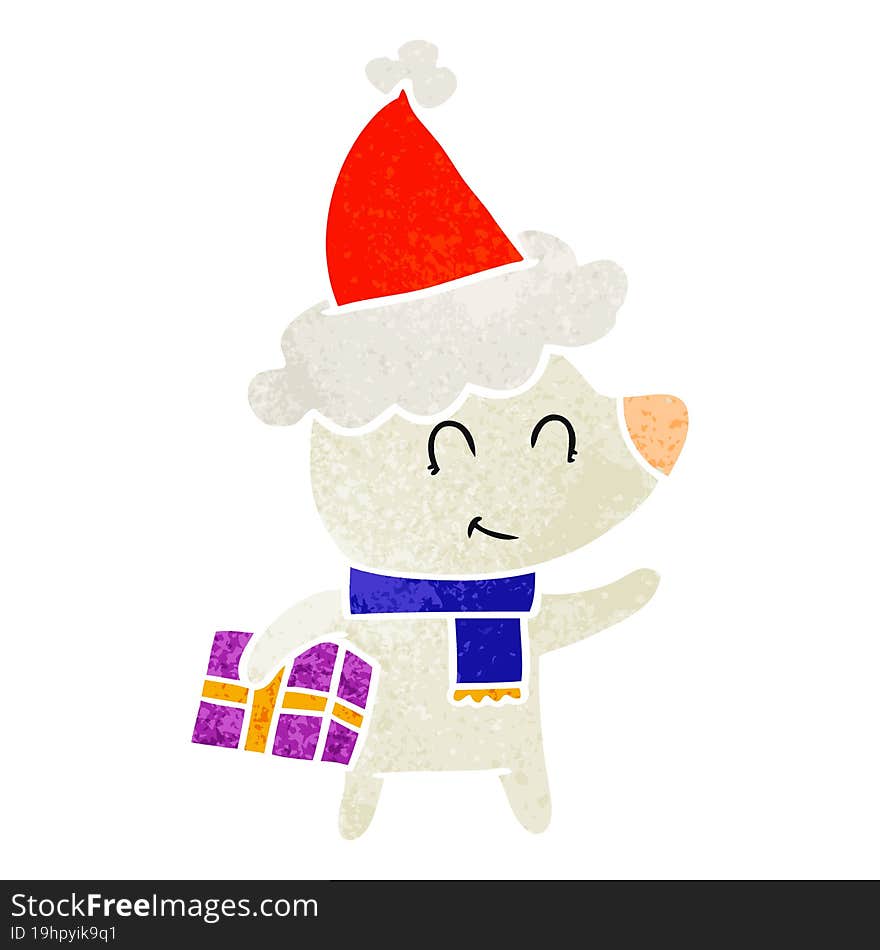 Female Polar Bear With Christmas Present Wearing Santa Hat