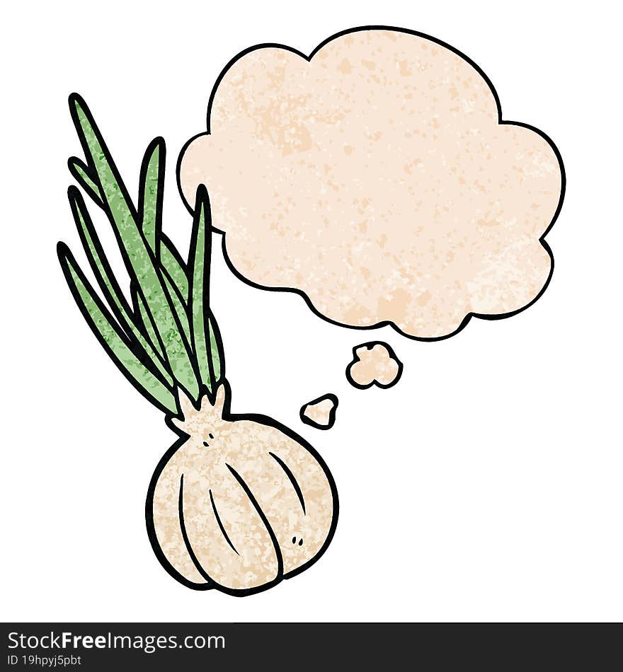 cartoon garlic and thought bubble in grunge texture pattern style