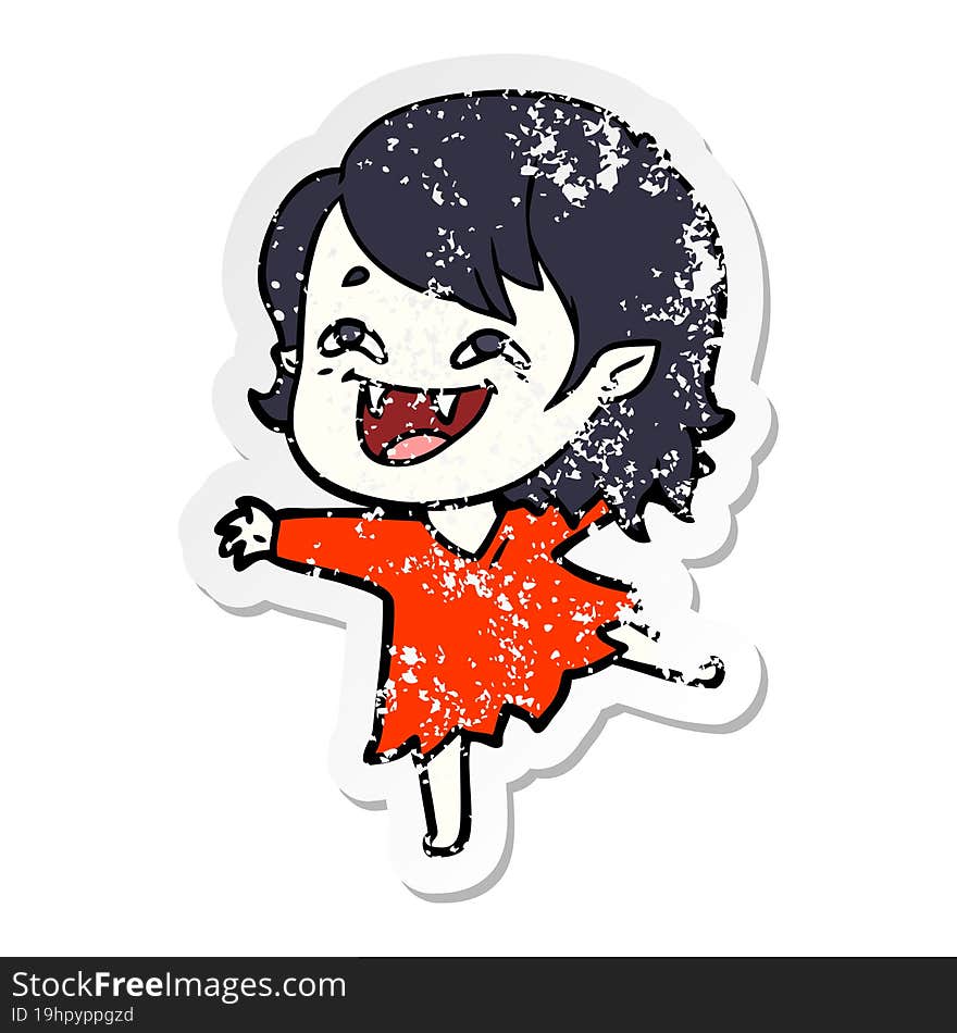 distressed sticker of a cartoon laughing vampire girl