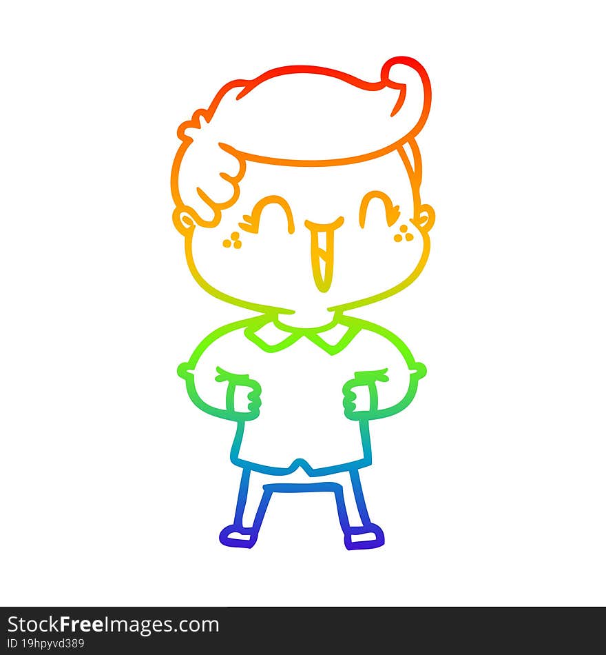 rainbow gradient line drawing cartoon laughing boy with hands on hips