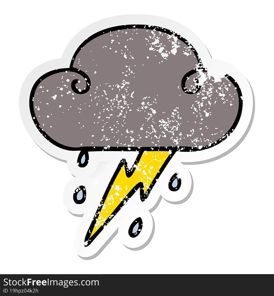 distressed sticker of a quirky hand drawn cartoon thunder cloud