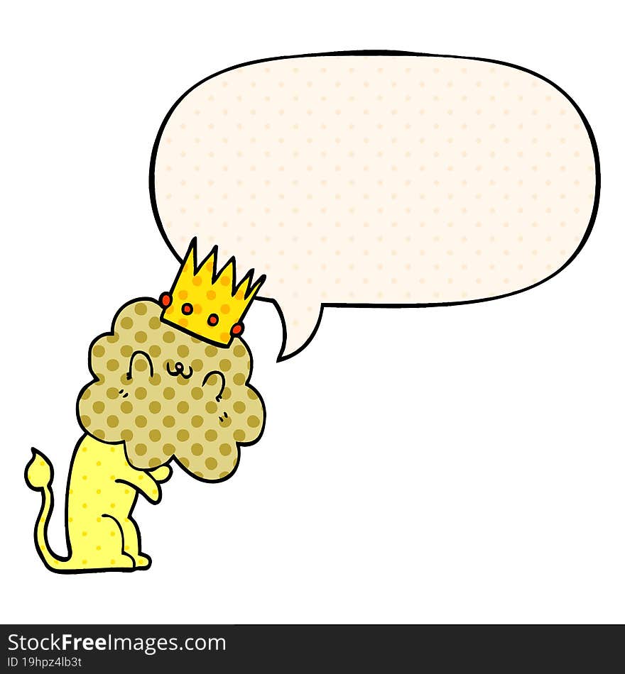 Cartoon Lion And Crown And Speech Bubble In Comic Book Style