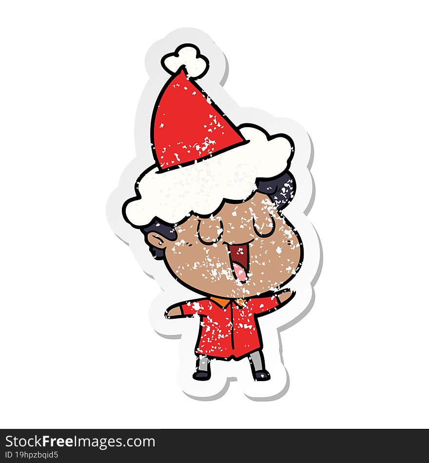 laughing hand drawn distressed sticker cartoon of a man wearing santa hat. laughing hand drawn distressed sticker cartoon of a man wearing santa hat