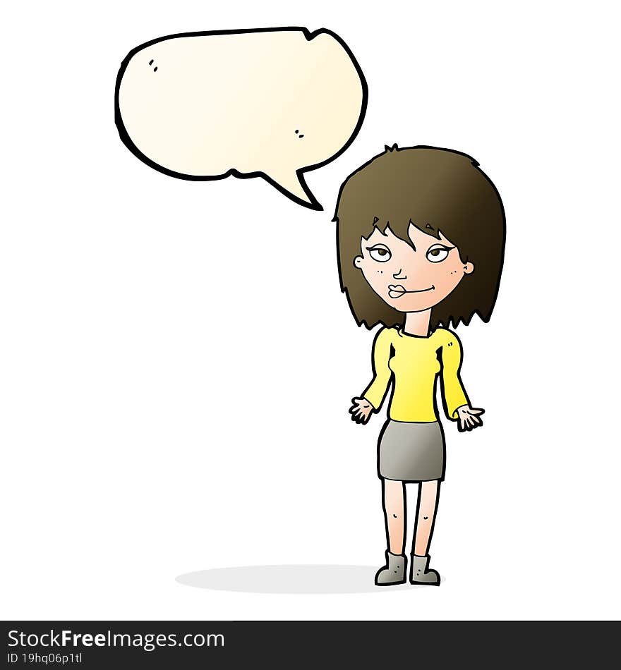 cartoon woman shrugging shoulders with speech bubble