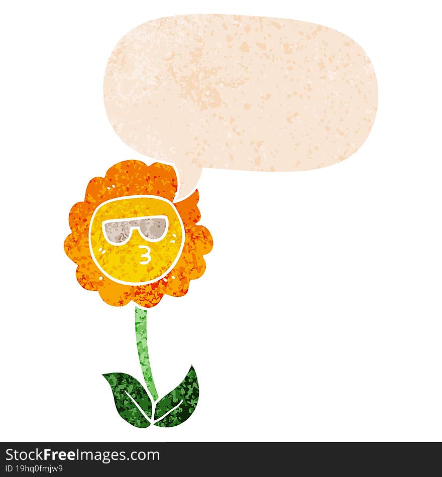 cartoon flower and speech bubble in retro textured style