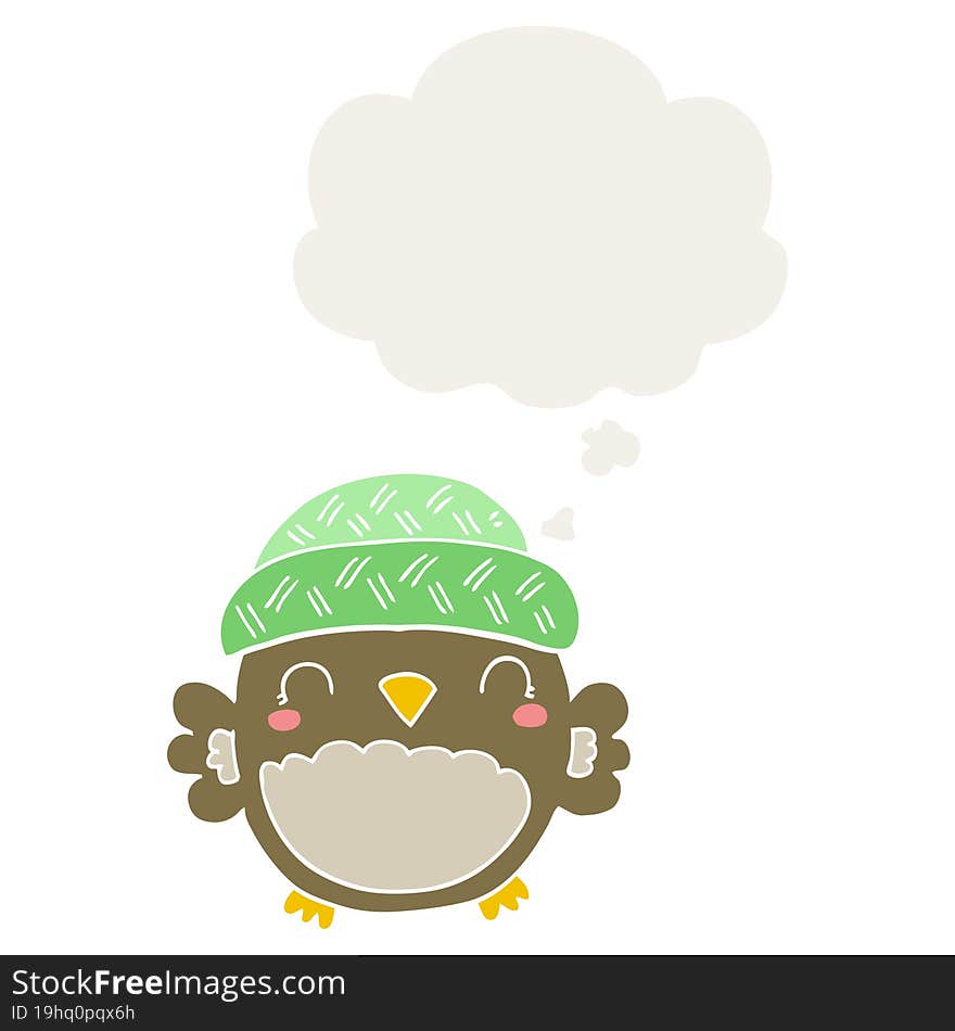 cute cartoon owl in hat and thought bubble in retro style