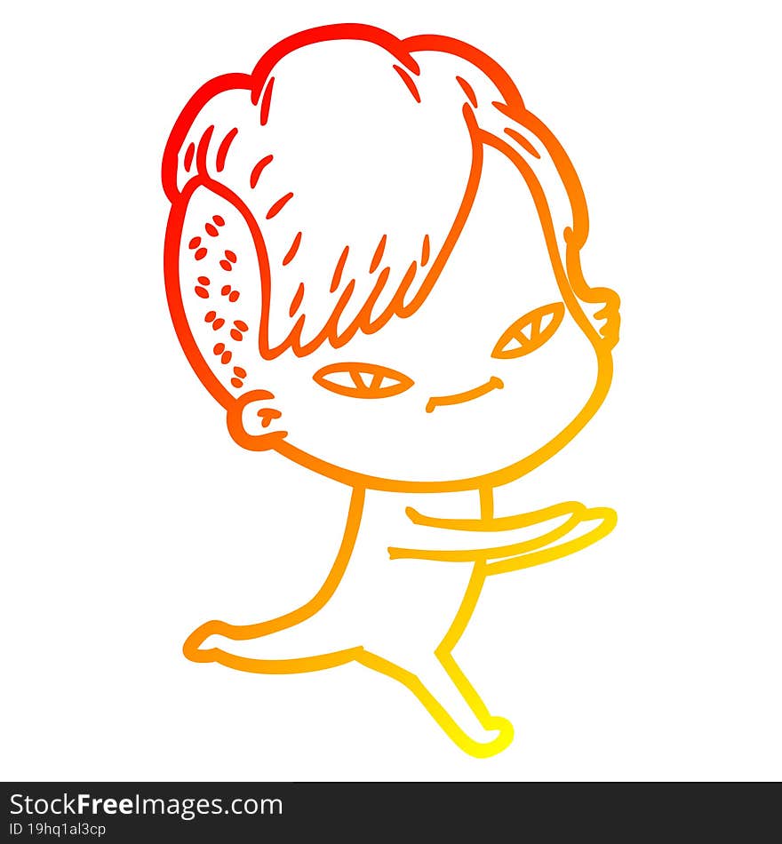 Warm Gradient Line Drawing Cute Cartoon Girl With Hipster Haircut