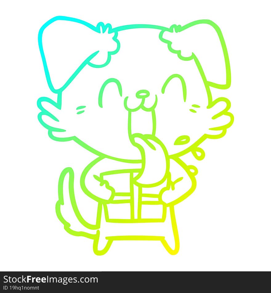 cold gradient line drawing of a cartoon panting dog with present