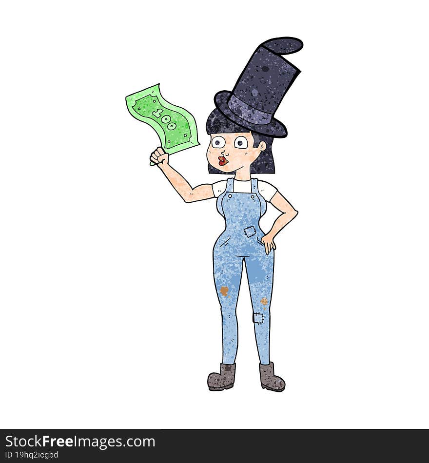 textured cartoon woman holding on to money