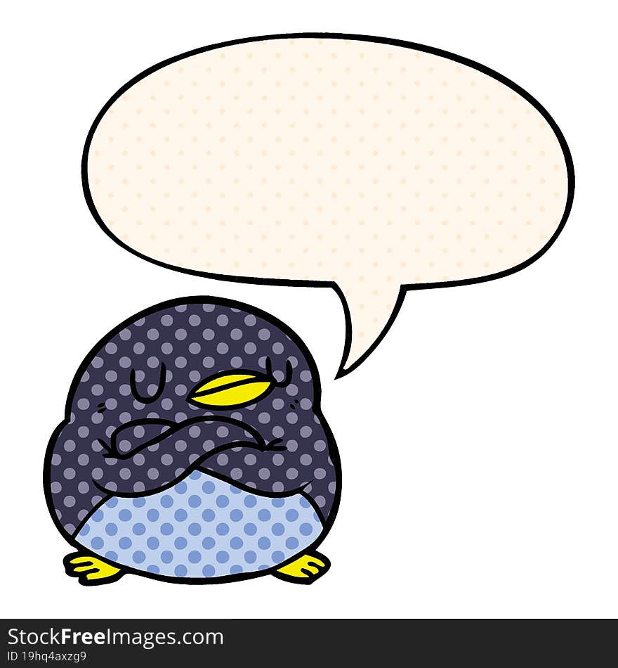 cartoon penguin and crossed arms and speech bubble in comic book style