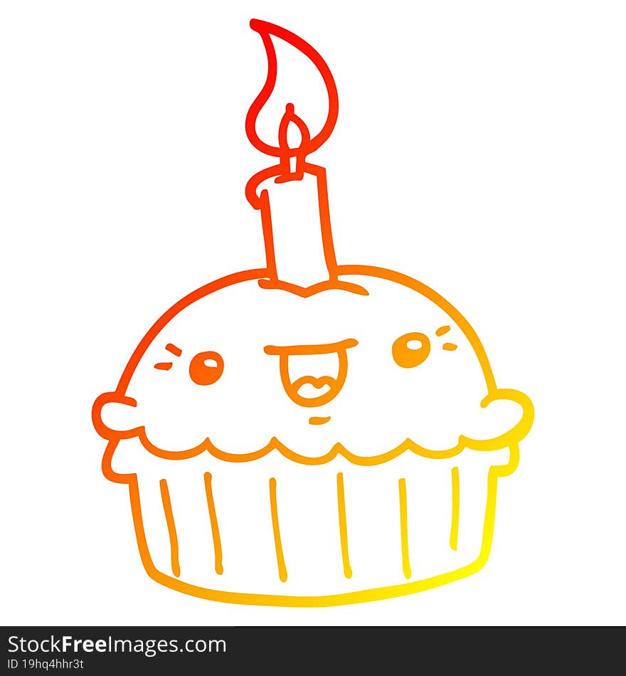 warm gradient line drawing of a cartoon cupcake with candle