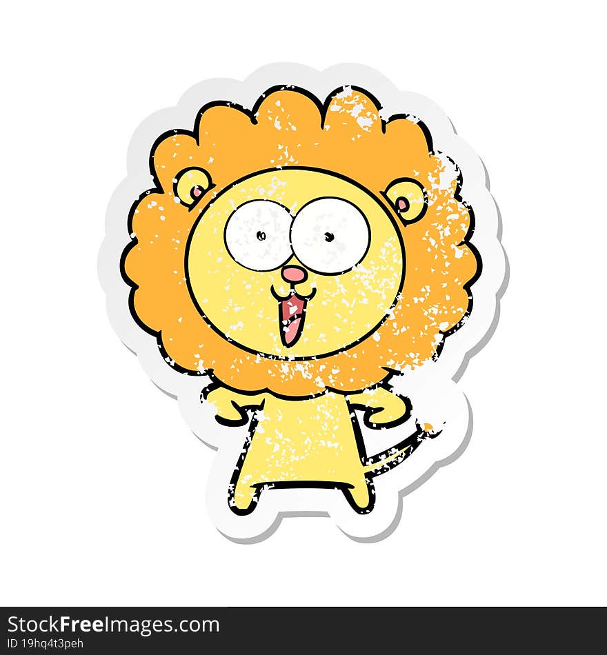 distressed sticker of a happy cartoon lion