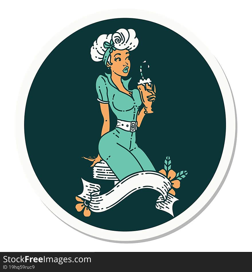 tattoo style sticker of a pinup girl drinking a milkshake with banner