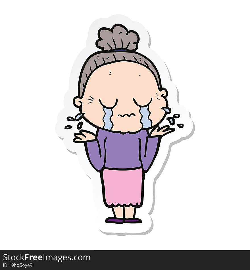 sticker of a cartoon crying old lady