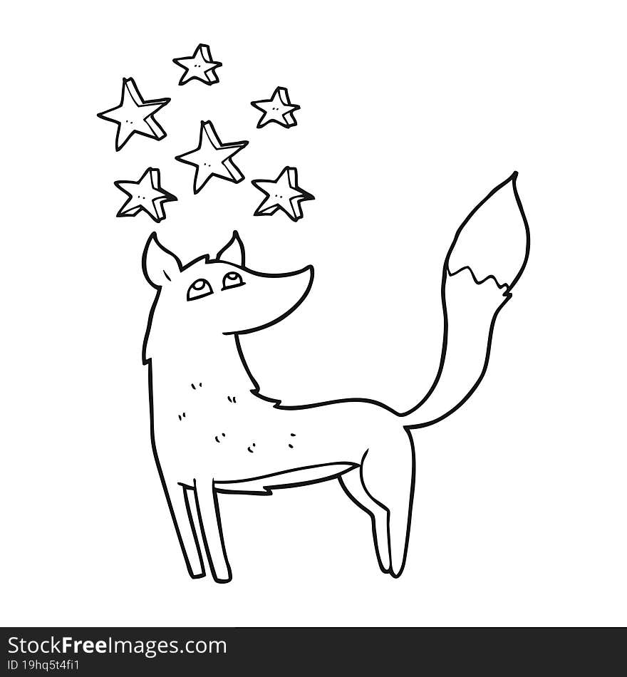 freehand drawn black and white cartoon wolf with stars