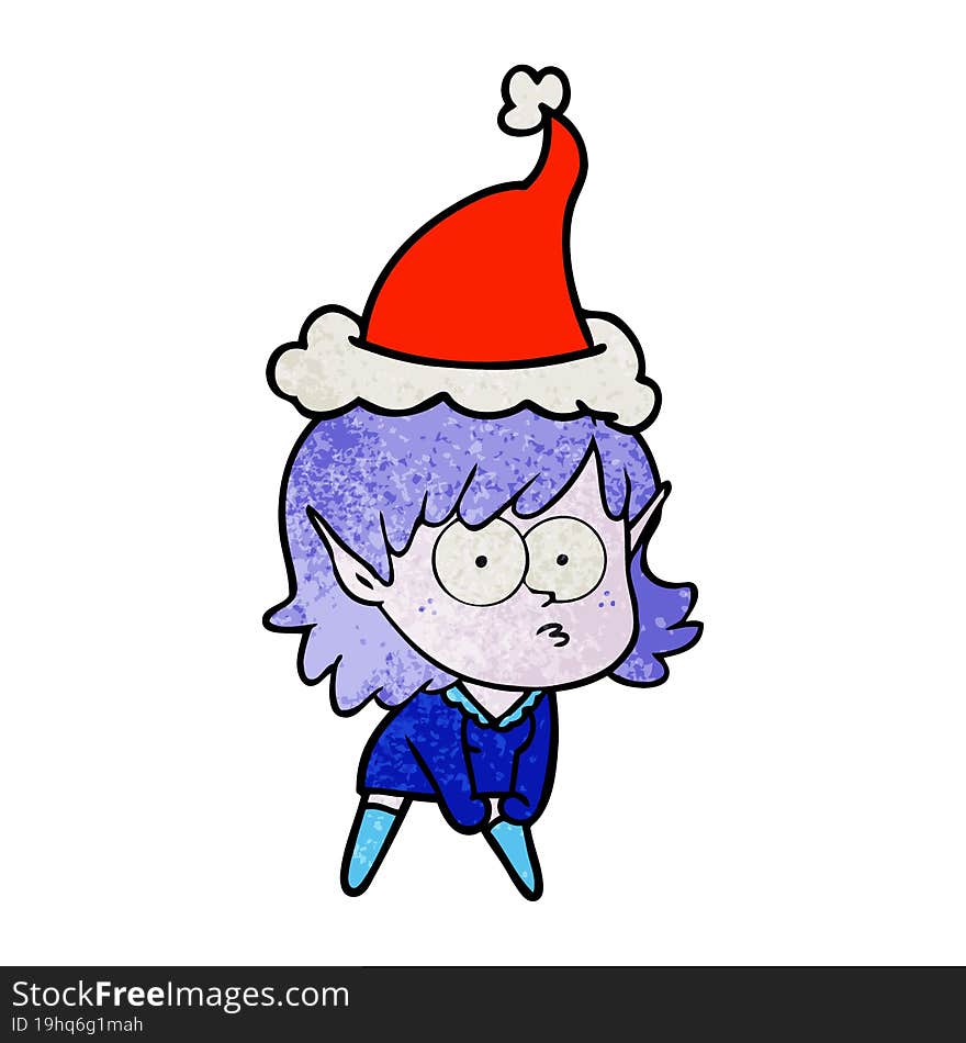 textured cartoon of a elf girl staring and crouching wearing santa hat