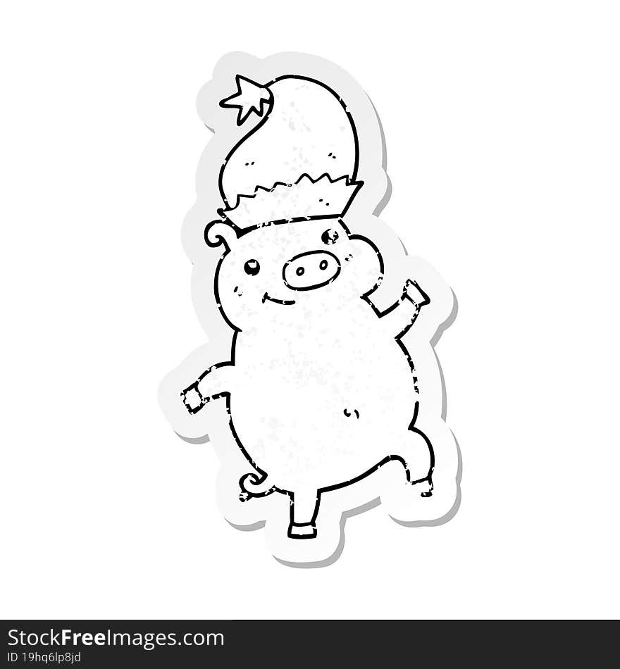 distressed sticker of a cartoon happy christmas pig