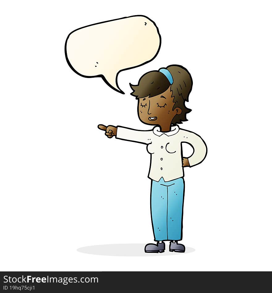 Cartoon Friendly Woman Pointing With Speech Bubble