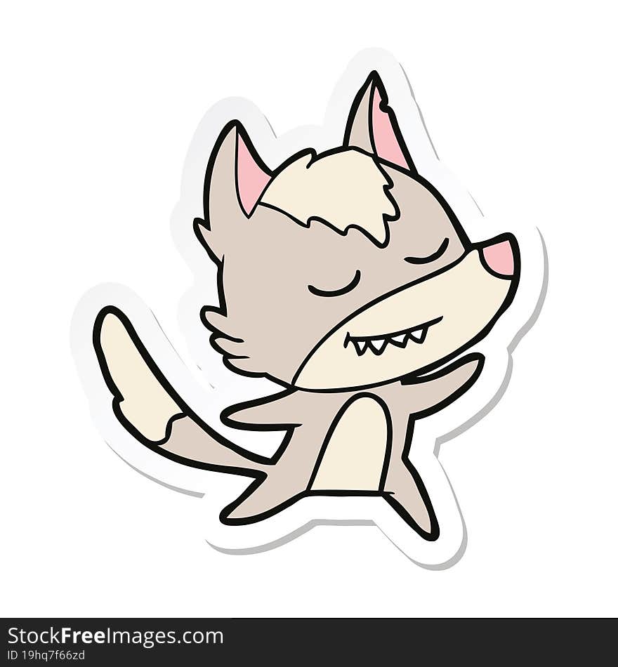 sticker of a friendly cartoon wolf dancing