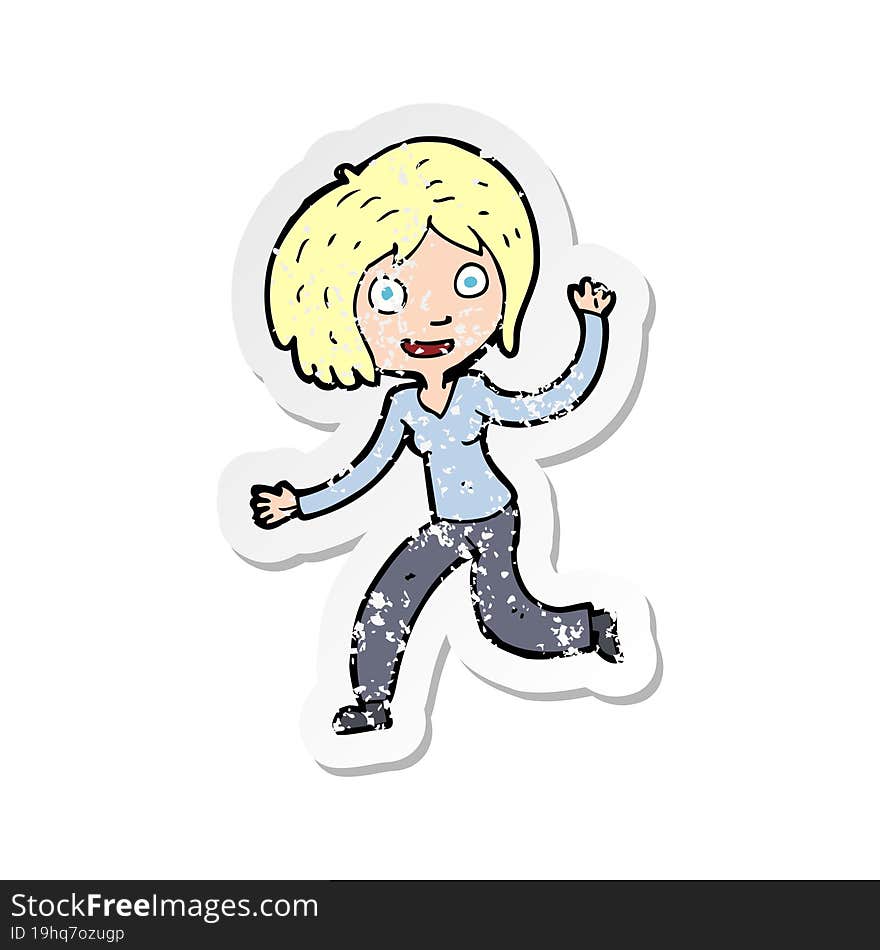 retro distressed sticker of a cartoon happy waving girl