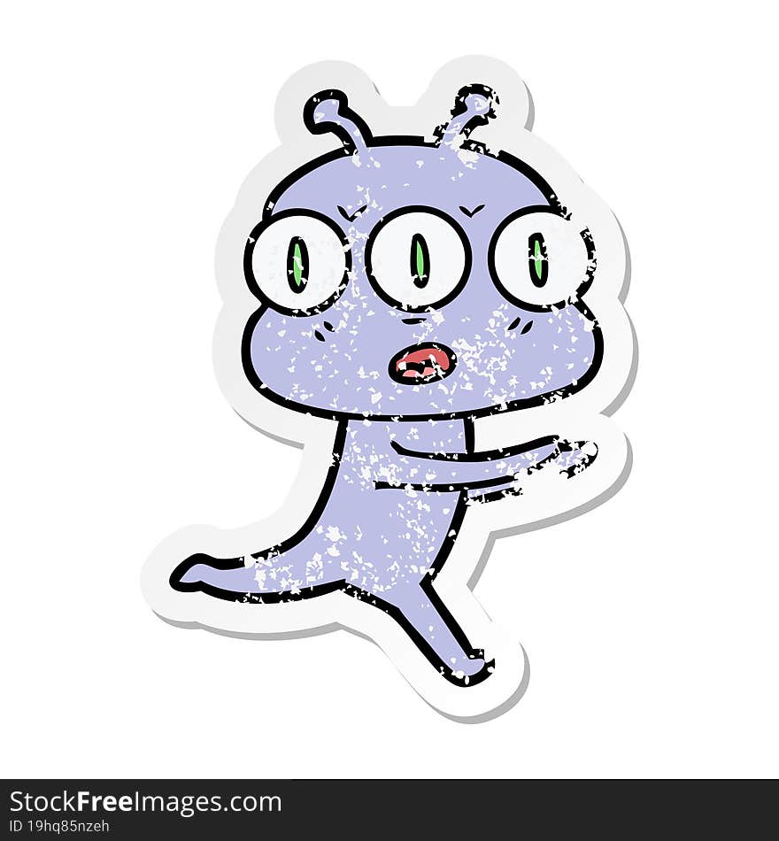 distressed sticker of a cartoon three eyed alien