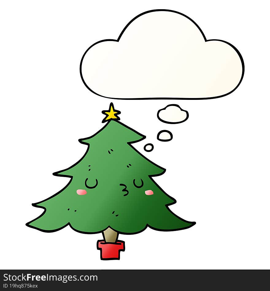 cute cartoon christmas tree and thought bubble in smooth gradient style