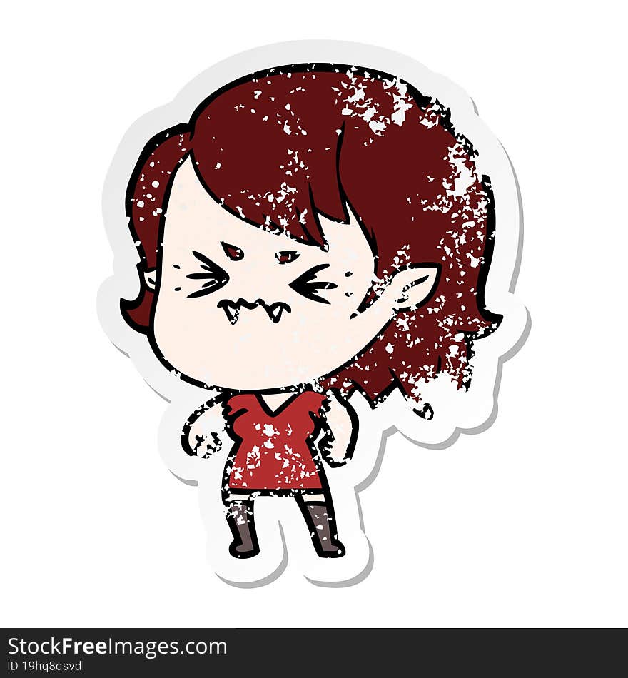 Distressed Sticker Of A Annoyed Cartoon Vampire Girl